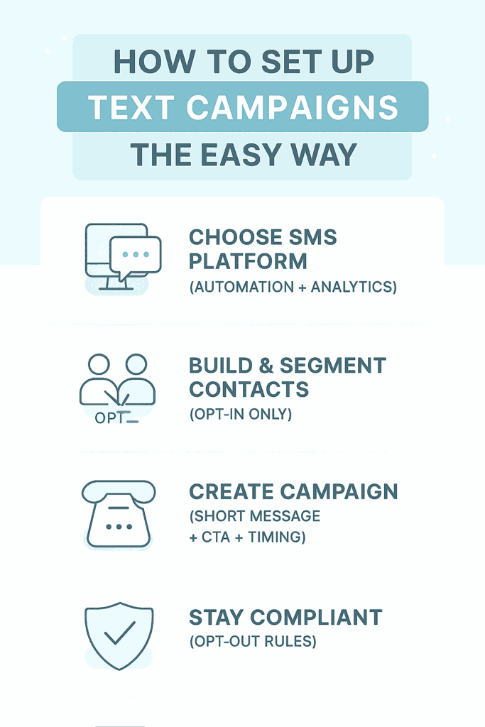 Vertical infographic titled "How to Set Up Text Campaigns The Easy Way" listing four key steps with icons.