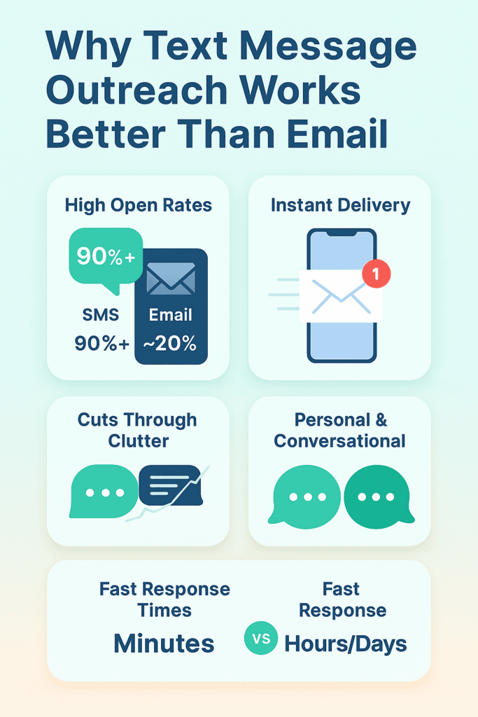 "Infographic titled 'Why Text Message Outreach Works Better Than Email' comparing open rates, delivery speed, and response times."