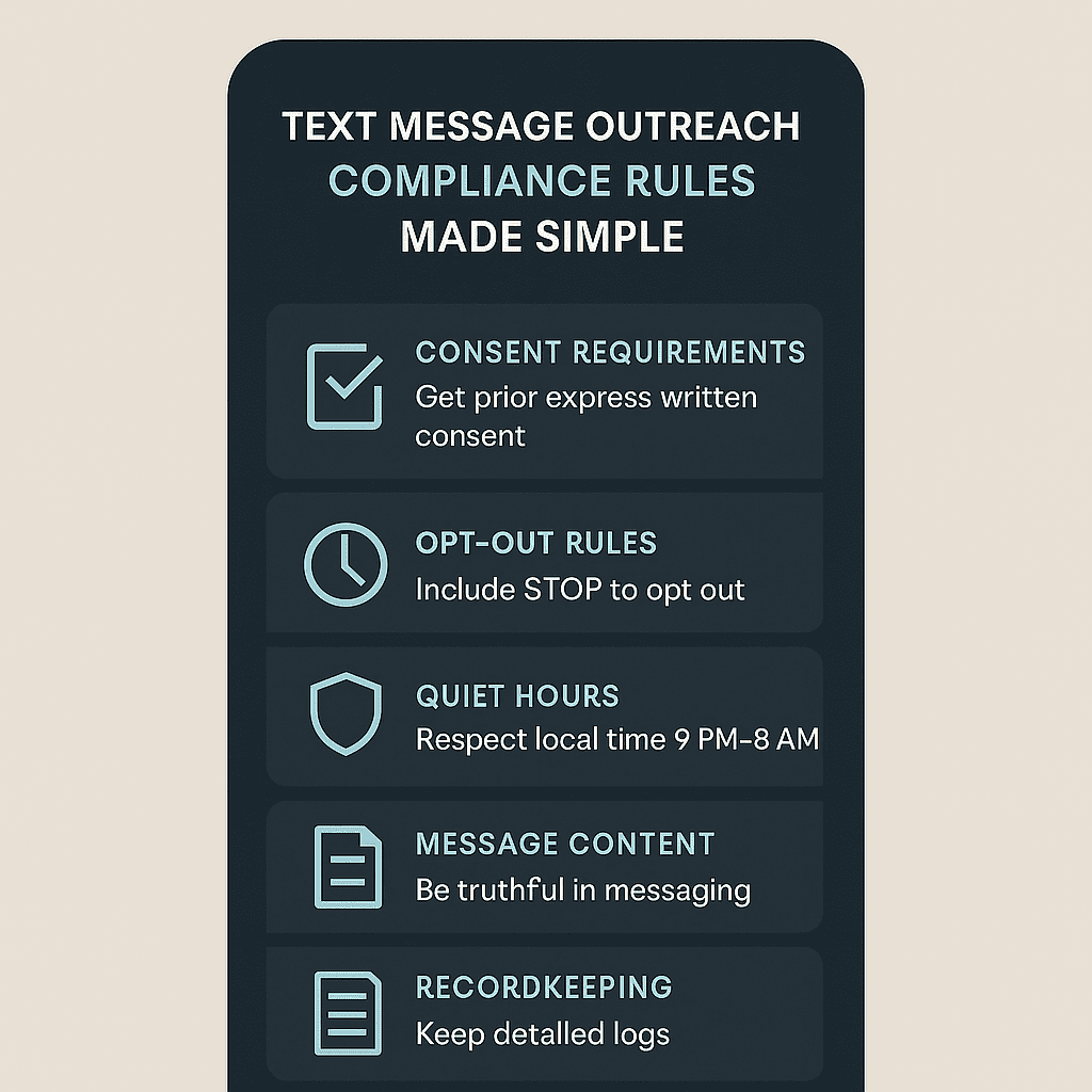 A vertical infographic titled "Text Message Outreach Compliance Rules Made Simple," listing five key rules including consent requirements, opt-out rules, quiet hours (9 PM–8 AM), truthful message content, and recordkeeping.