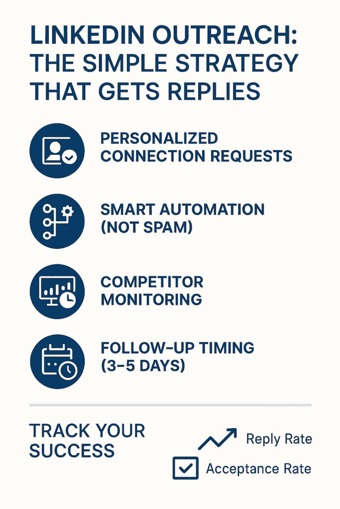 An infographic titled "LinkedIn Outreach: The Simple Strategy That Gets Replies," listing four steps: Personalized Connection Requests, Smart Automation, Competitor Monitoring, and Follow-up Timing (3-5 days).