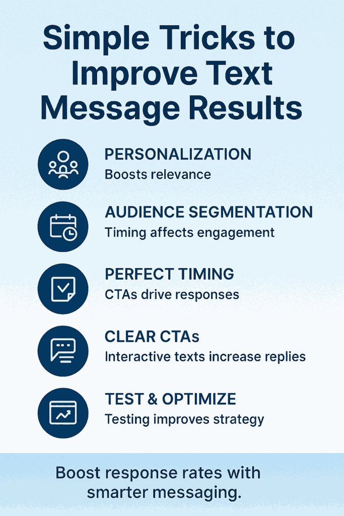 Vertical infographic titled "Simple Tricks to Improve Text Message Results," listing five key points: Personalization, Audience Segmentation, Perfect Timing, Clear CTAs, and Test & Optimize.