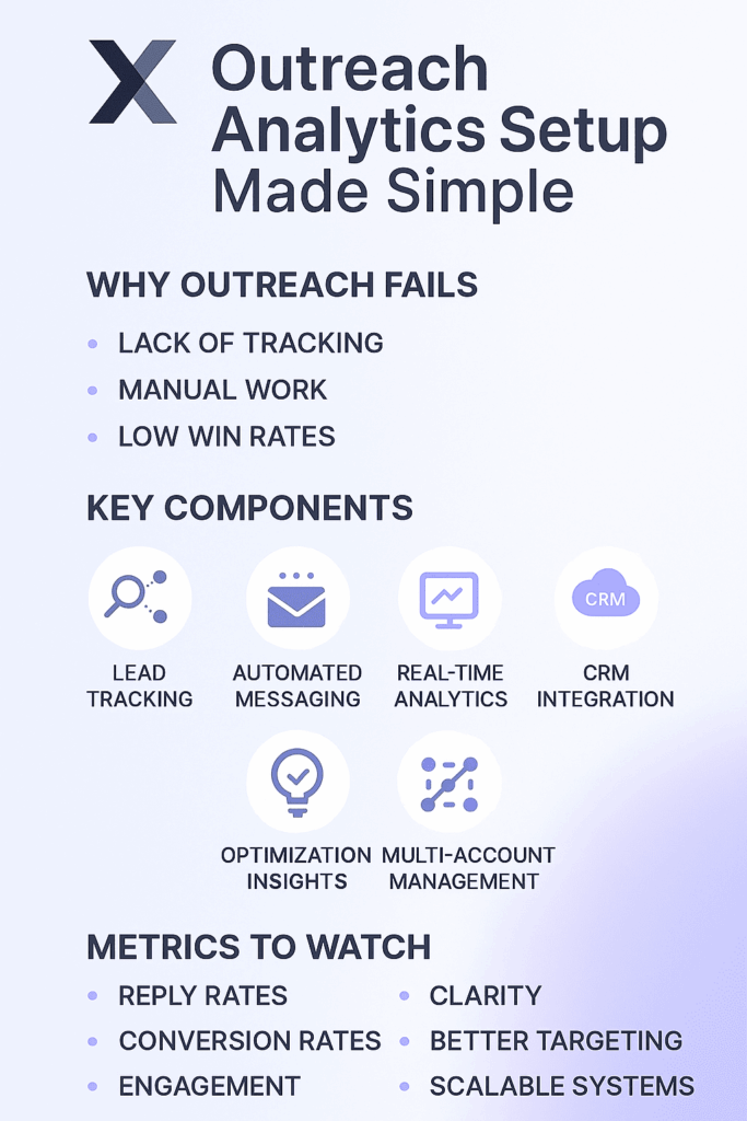An educational infographic titled "X Outreach Analytics Setup Made Simple," listing why outreach fails, key components like lead tracking and CRM integration, and essential metrics to watch like reply and conversion rates.