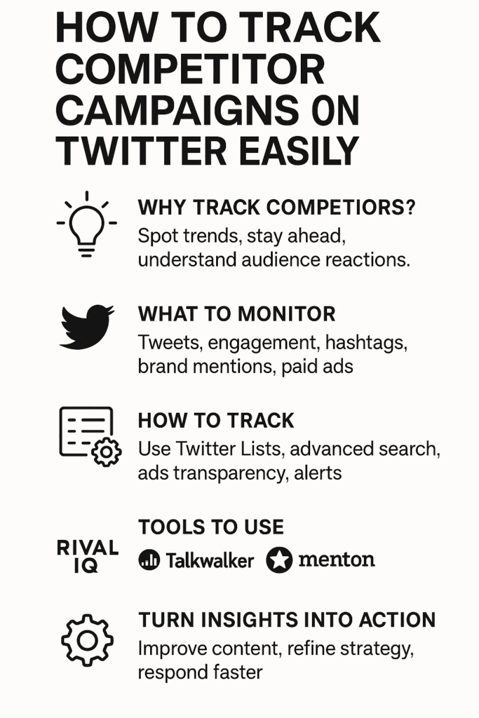Vertical infographic titled 'How to Track Competitor Campaigns on Twitter Easily,' featuring icons and text sections on Why Track, What to Monitor, How to Track, and Tools to Use."