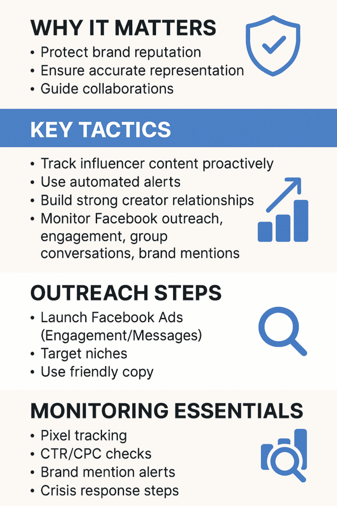 An educational infographic outlining strategies for Facebook campaigns, divided into four sections: Why It Matters, Key Tactics, Outreach Steps, and Monitoring Essentials, each paired with a blue icon.