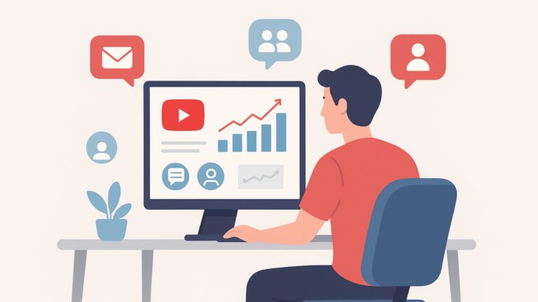 YouTube Outreach illustration of creator reviewing analytics and connection tools.