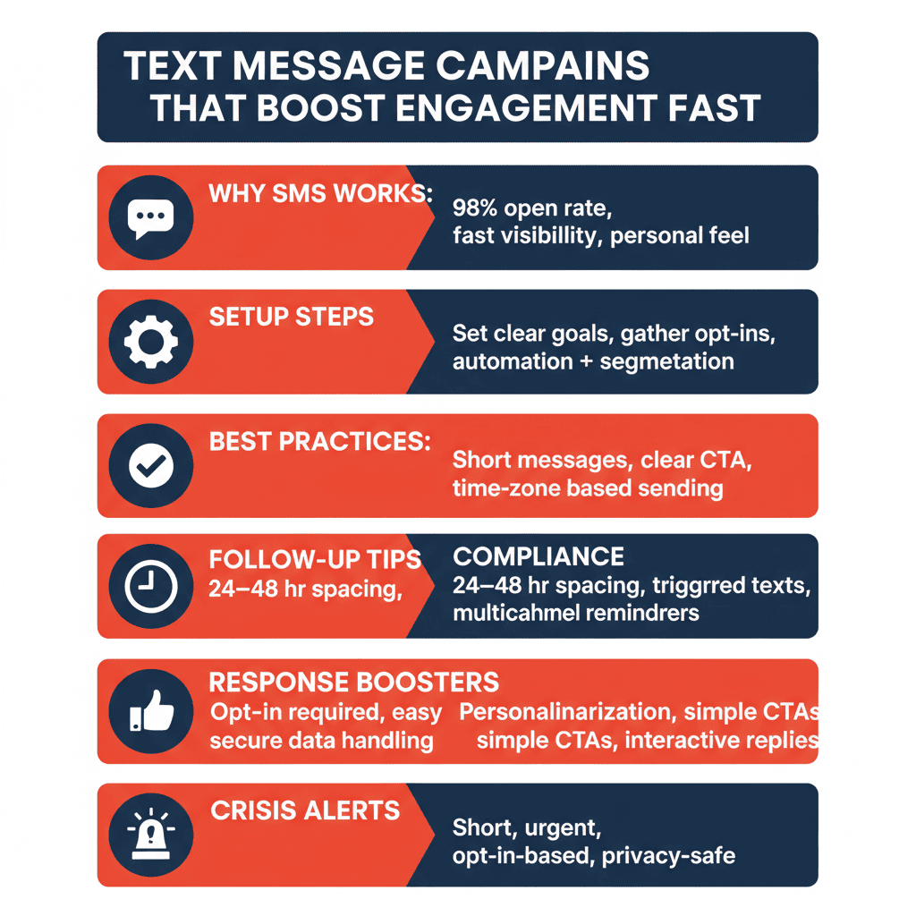 An infographic titled "Text Message Campaigns That Boost Engagement Fast," listing six key sections: Why SMS Works, Setup Steps, Best Practices, Follow-up Tips, Response Boosters, and Crisis Alerts.