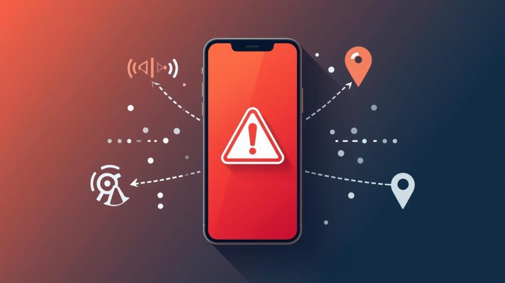 An illustration depicting a critical digital security alert or emergency notification on a mobile device, emphasizing location tracking and signal transmission.