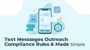 A blog header illustration featuring a smartphone with checkmarks on screen, a clock icon for "Quiet Hours," and a "STOP" button, with the title "Text Messages Outreach Compliance Rules."