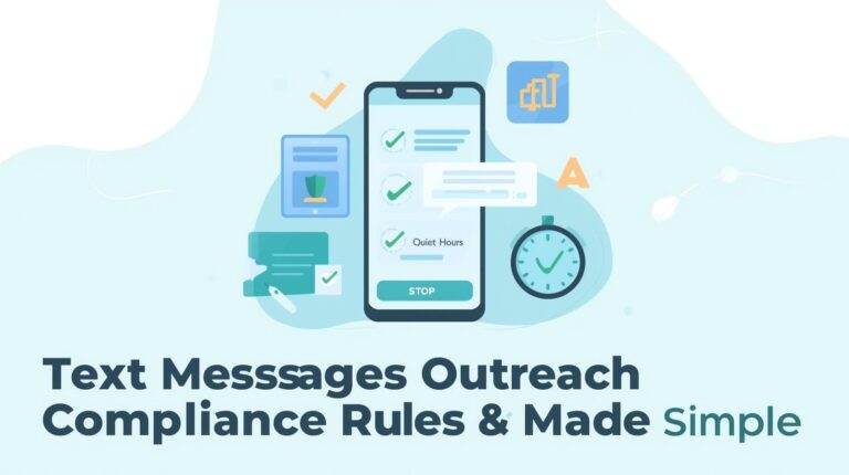 A blog header illustration featuring a smartphone with checkmarks on screen, a clock icon for "Quiet Hours," and a "STOP" button, with the title "Text Messages Outreach Compliance Rules."