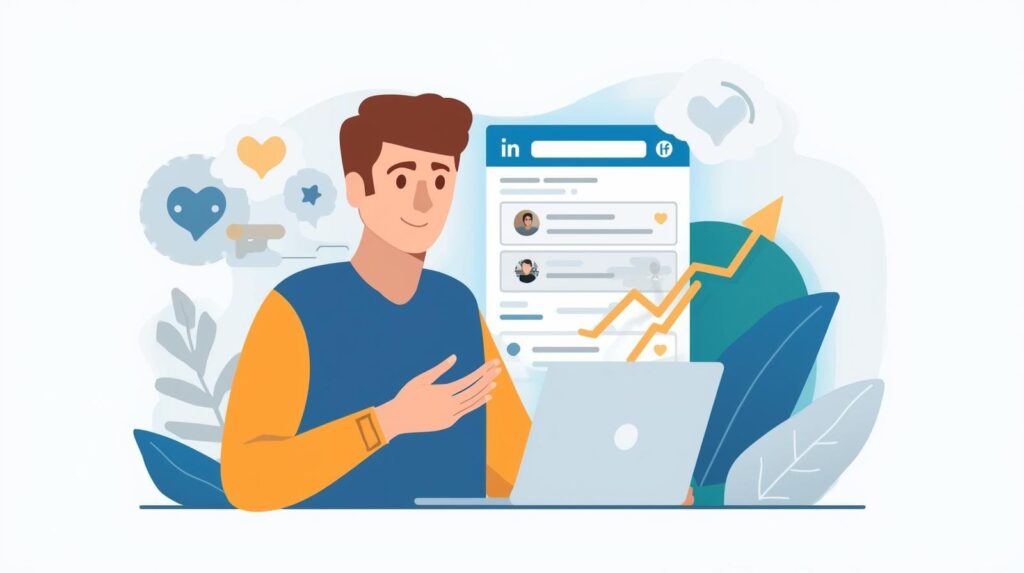 A flat illustration of a man holding a smartphone in front of a large background depicting a LinkedIn web interface, floating notification icons, and a bar chart.