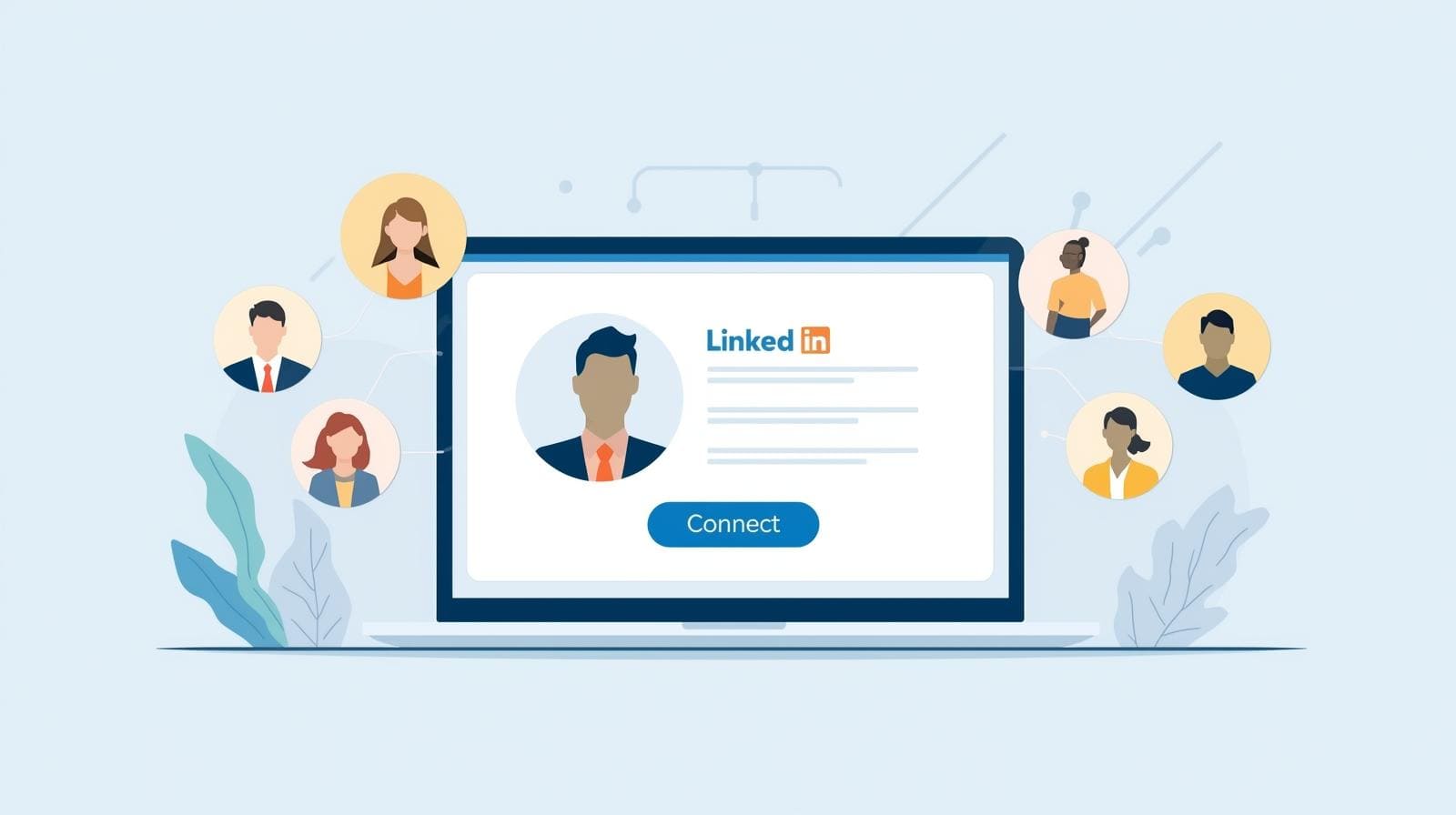 A laptop screen displaying a generic LinkedIn profile with a prominent "Connect" button, surrounded by diverse user avatars connected by network lines.