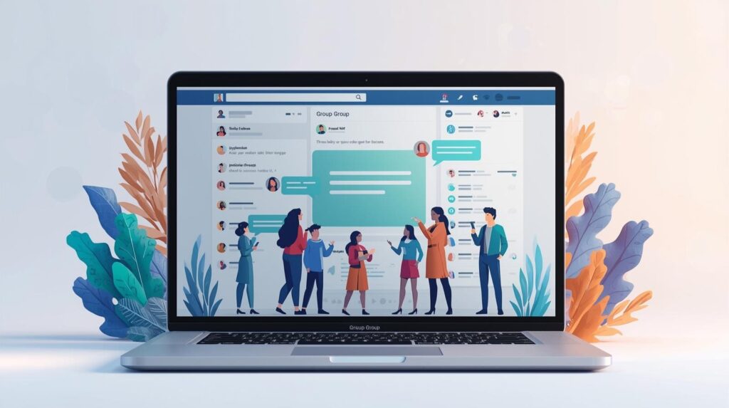 An illustration of a digital community on a laptop, showing users interacting in a "Group" feed with text bubbles, set against a background of stylized leaves.