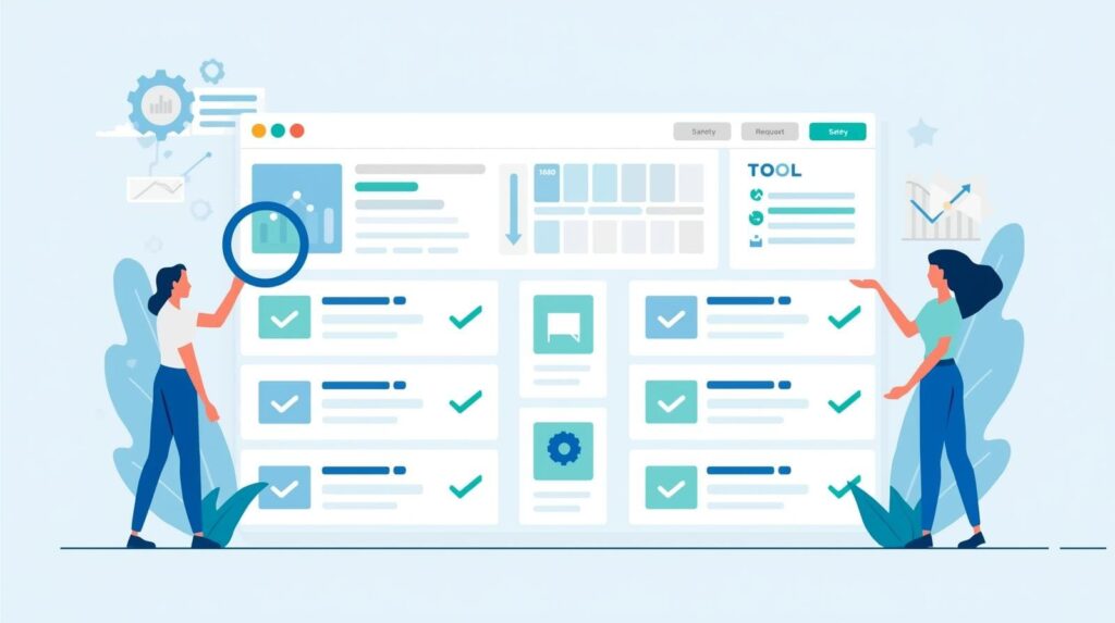 An illustration of a user configuring software settings, adjusting sliders for daily limits, random delays, and message scheduling.