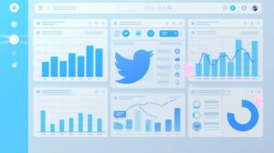 A blue-themed digital analytics dashboard displaying a central Twitter logo surrounded by various data visualization widgets, including bar charts, line graphs, and activity feeds.