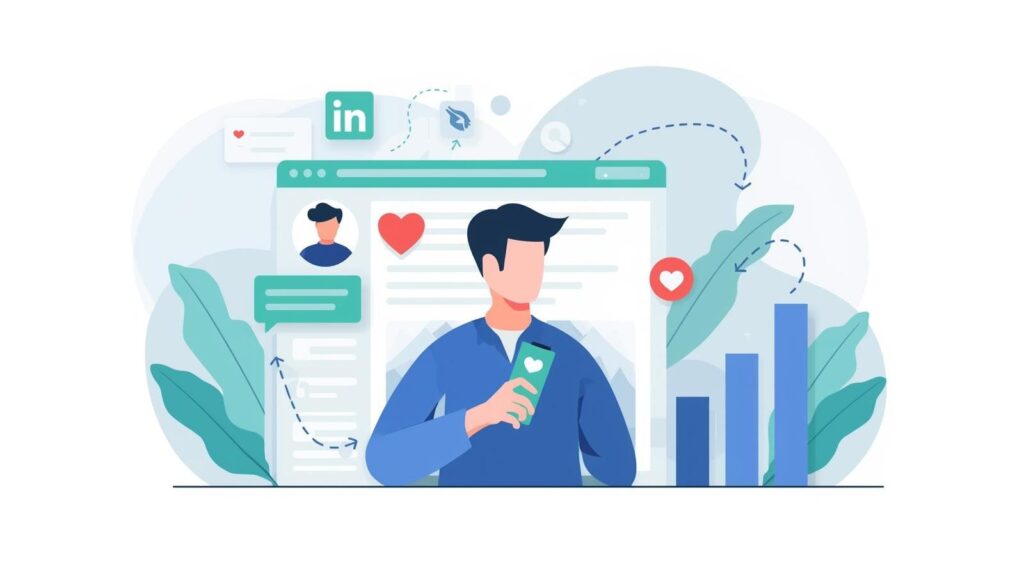 A flat vector illustration of a smiling man working on a laptop, with a stylized LinkedIn profile interface, heart icons, and an upward-trending arrow graph in the background.