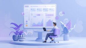 A clean 2D flat vector illustration featuring three floating dashboard panels labeled "Analytics Tools" in blue, "Automation" in teal, and "Insights" in purple, set against a soft tech background.