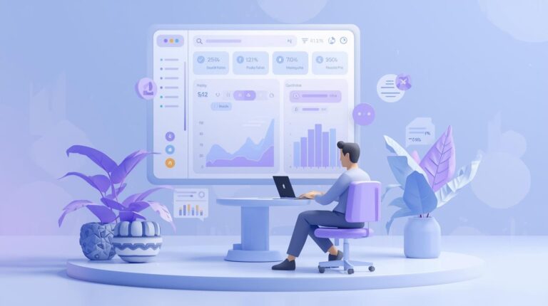 A clean 2D flat vector illustration featuring three floating dashboard panels labeled "Analytics Tools" in blue, "Automation" in teal, and "Insights" in purple, set against a soft tech background.
