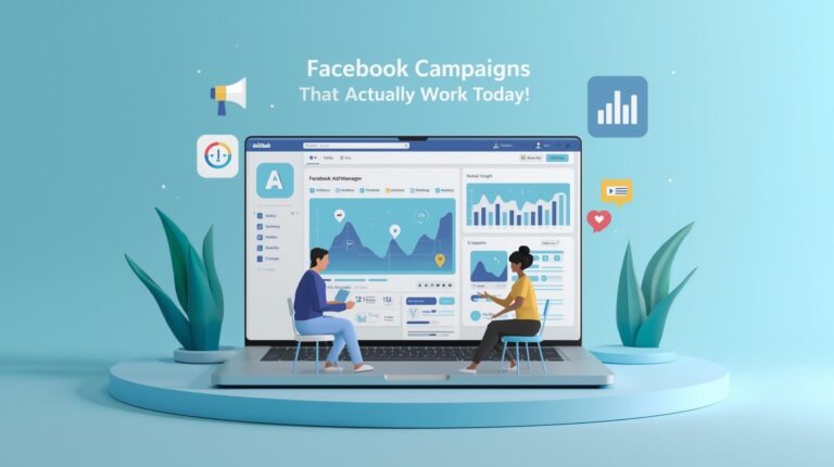 A 3D illustration of a laptop displaying a marketing dashboard with the headline "Facebook Campaigns That Actually Work Today!", surrounded by icons representing analytics, engagement, and advertisements.