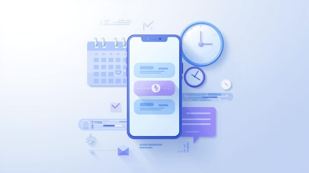 Visual representation of planning an SMS campaign, featuring time management tools and scheduled message blocks on a mobile screen.