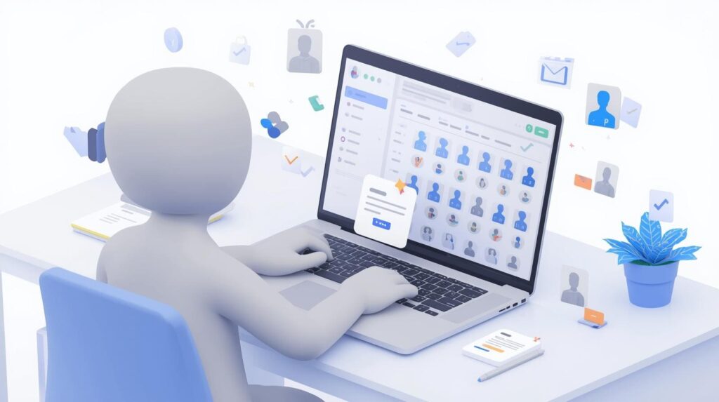 3D illustration of a person working on a laptop surrounded by floating social media and email notification icons.