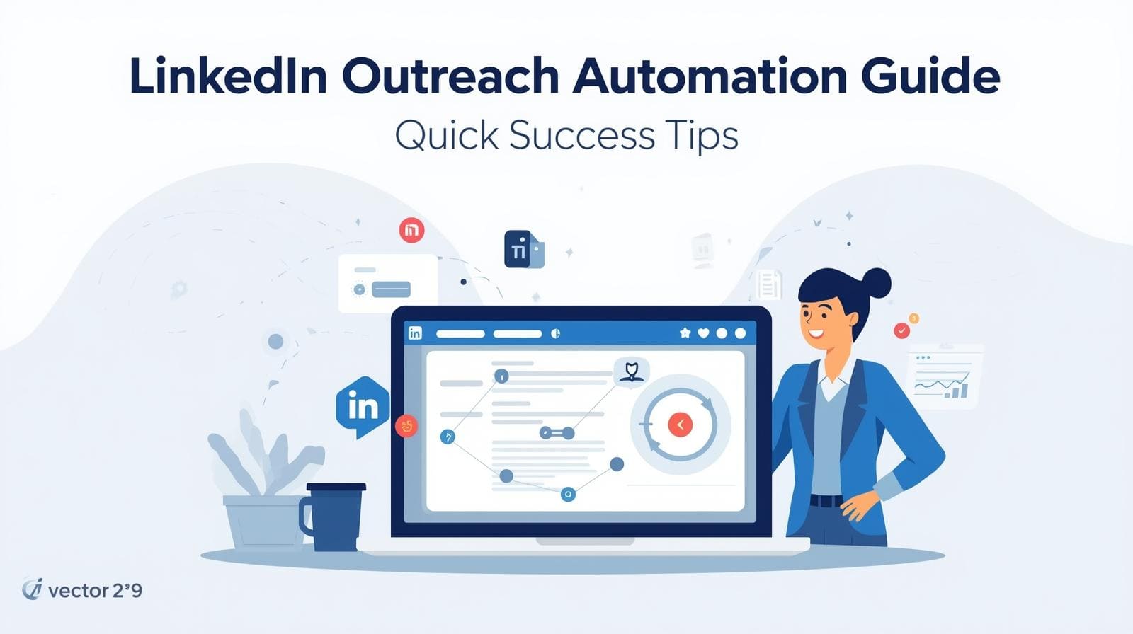 Header image titled "LinkedIn Outreach Automation Guide: Quick Success Tips," featuring a woman standing next to a laptop displaying a LinkedIn network graph.