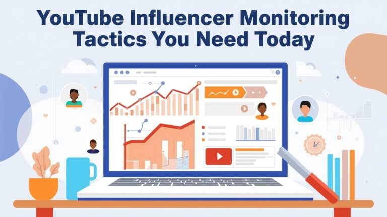 Blog header illustration titled "YouTube Influencer Monitoring Tactics You Need Today," featuring a laptop screen displaying complex line graphs, bar charts, and a video player interface.