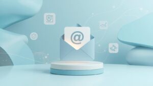 3D graphic showing an email interface with preview text and floating notification icons.