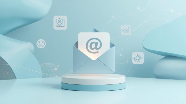 3D graphic showing an email interface with preview text and floating notification icons.