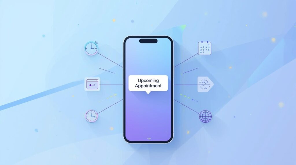 Smartphone graphic showing an appointment reminder notification surrounded by scheduling icons.