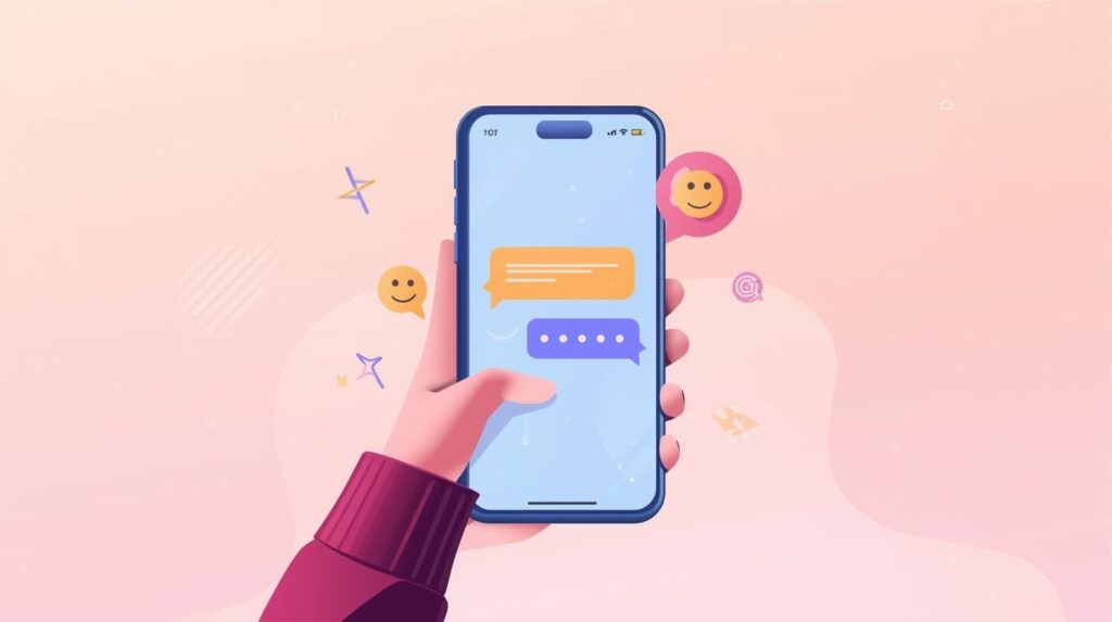 "Illustration of a hand holding a smartphone showing colorful chat bubbles and floating smiley face emojis on a pink background."