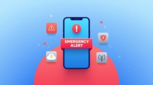 A stylized illustration of a blue smartphone displaying a prominent red "Emergency Alert" banner, floating against a blue background with surrounding icons representing weather, power, and general danger warnings.