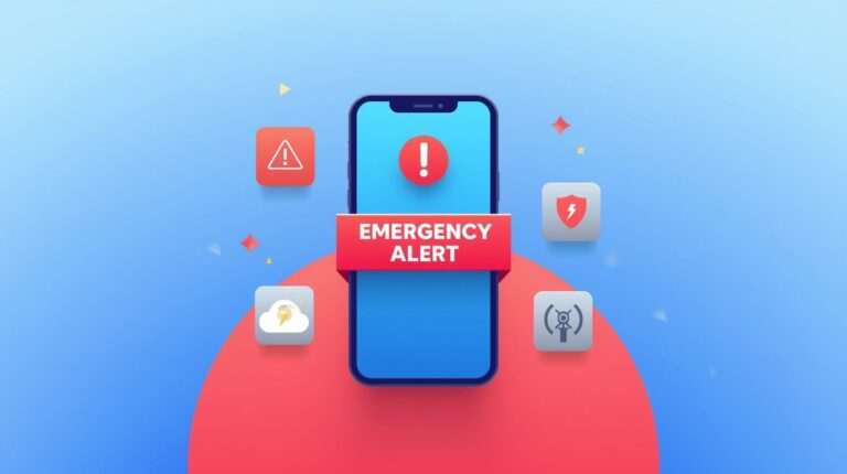 A stylized illustration of a blue smartphone displaying a prominent red "Emergency Alert" banner, floating against a blue background with surrounding icons representing weather, power, and general danger warnings.