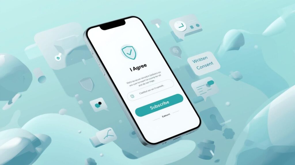 Mobile interface design showing a digital opt-in process with a "Subscribe" button and a shield icon, representing express written consent for marketing.