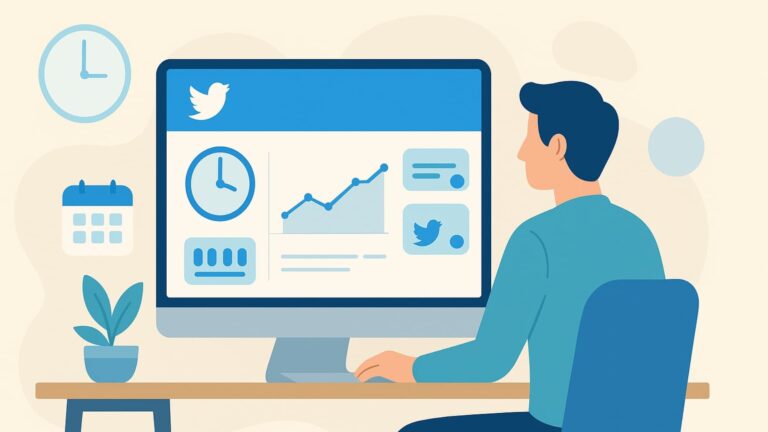 Illustration showing analytics and clocks to explain the best times to post on Twitter for higher engagement.