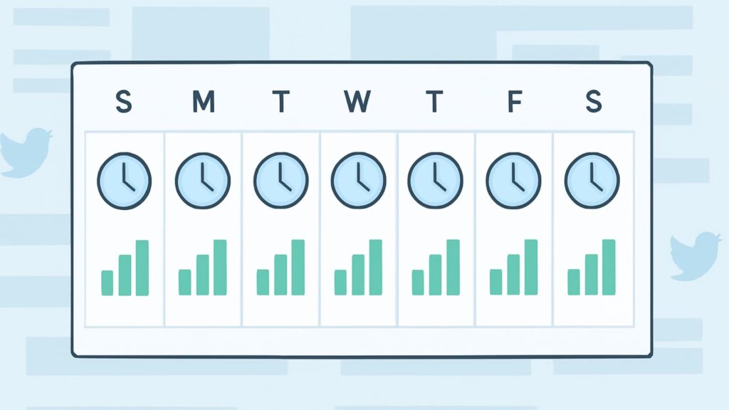 best times to post on twitter 3 Weekly calendar visualizing the best times to post on Twitter across different days of the week.