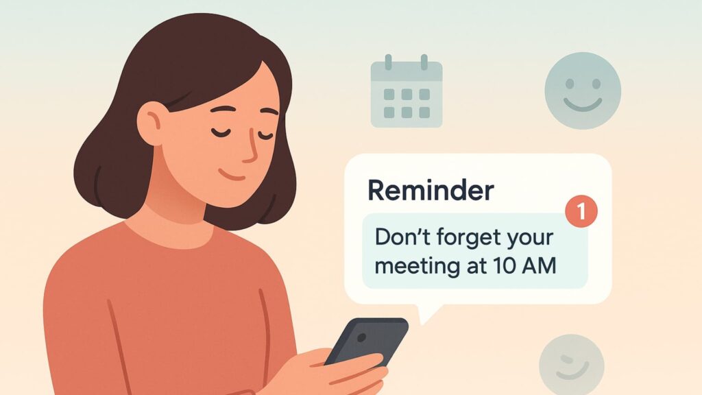 Person checking a phone during a calm moment, showing why timing matters in When to Send Text Reminders.
