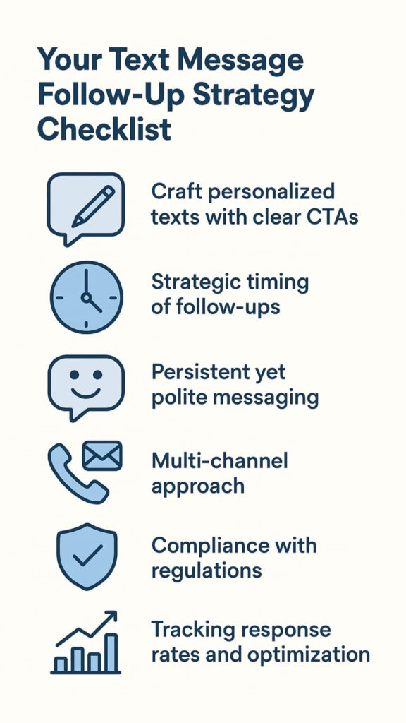 Infographic of a Text Message Follow-up Strategy with icons for timing, personalization, politeness, multichannel use, compliance, and tracking.