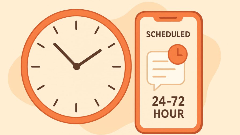 Clock and phone displaying a scheduled reminder to show the best times for When to Send Text Reminders.
