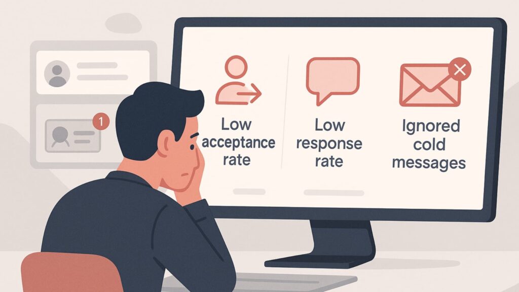 Illustration showing low metrics and missed messages to explain LinkedIn Outreach Success Tracking problems.
