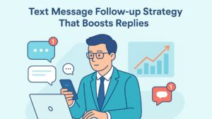 Business professional using phone for text message follow-up strategy to boost replies.