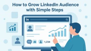 How to Grow LinkedIn Audience illustrated with a dashboard showing follower growth and engagement activity.