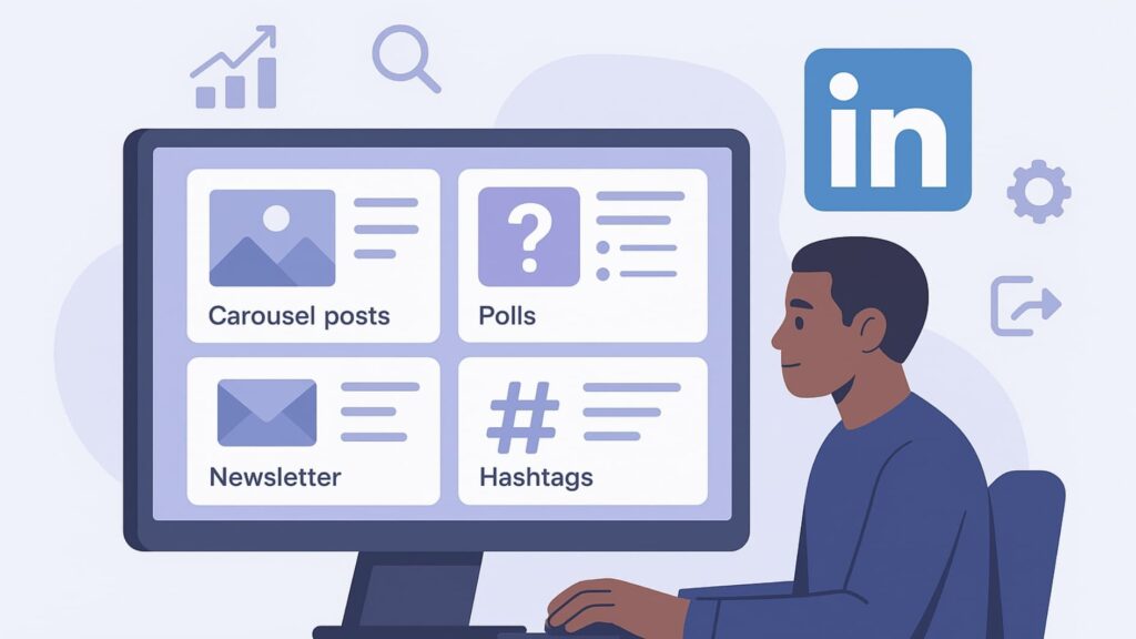 How to Grow LinkedIn Audience using LinkedIn tools like newsletters, polls, and carousel posts.