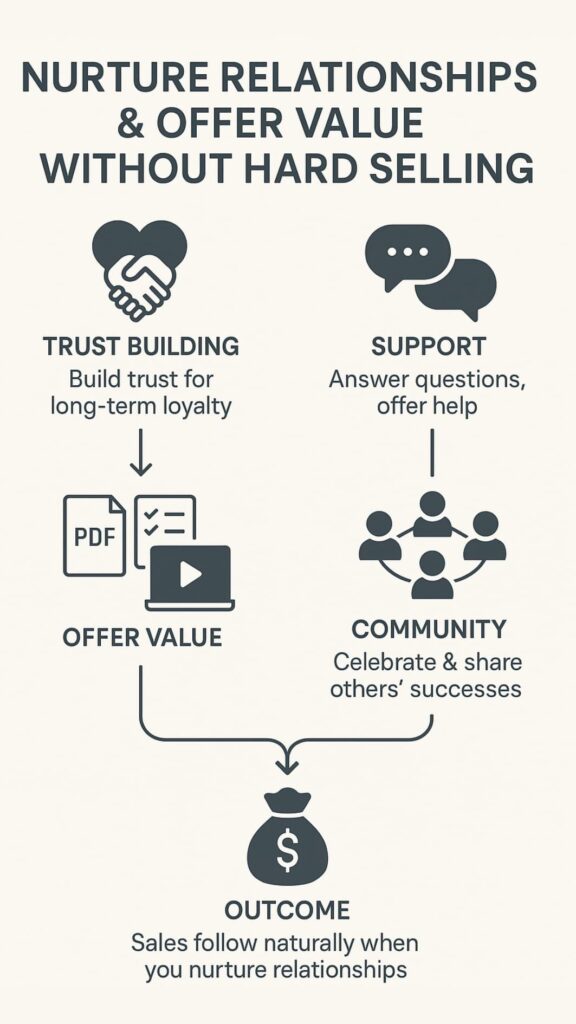 Infographic showing steps on how to grow LinkedIn audience through trust building, offering value, support, community, and natural sales.