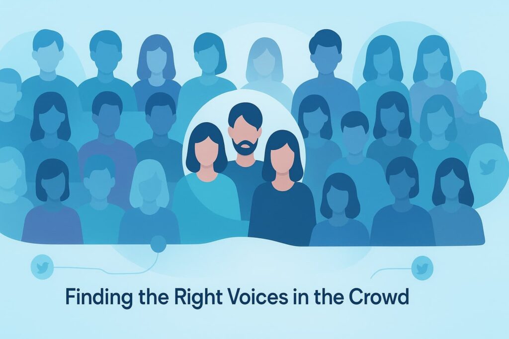 “The image shows a group of silhouetted people, emphasizing the idea of "Finding the Right Voices in the Crowd" for influencer outreach, though it does not directly mention the previous keyword”.