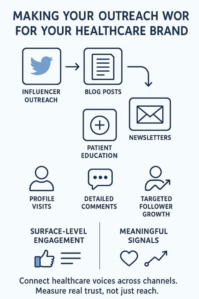“The image outlines strategies for effective healthcare brand outreach, including influencer marketing, blog posts, newsletters, and more”.
