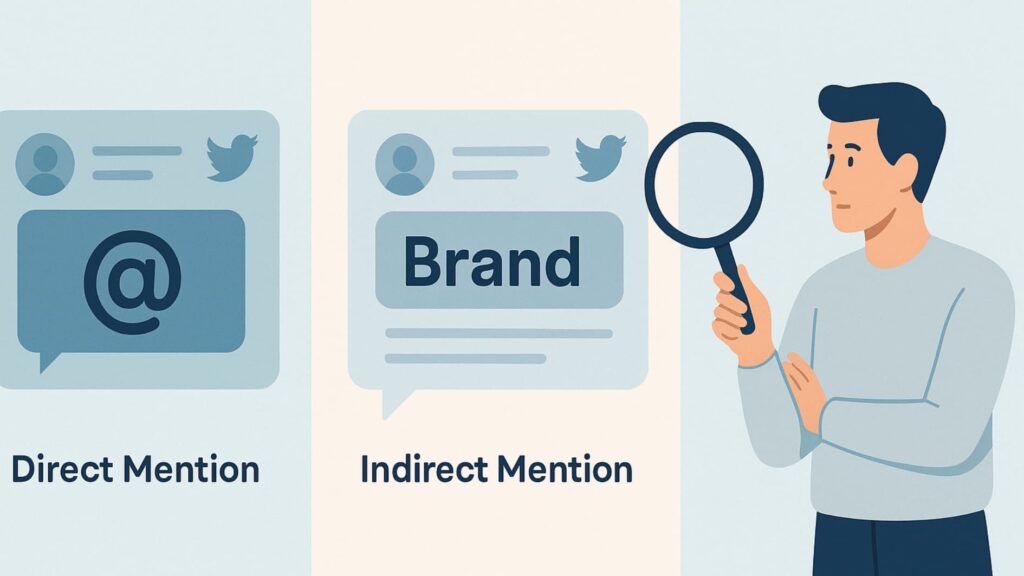 twitter brand mention alerts 3 Three-panel graphic showing types of twitter brand mention alerts: direct mentions, indirect mentions, and hashtags.