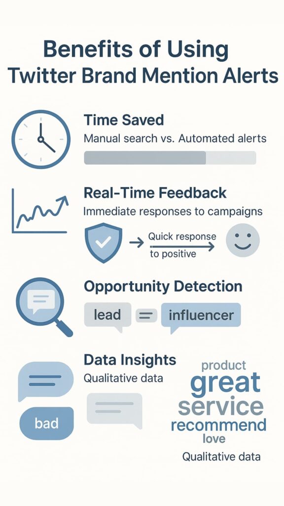twitter brand mention alerts 5 Infographic showing icons and charts illustrating benefits of using twitter brand mention alerts.