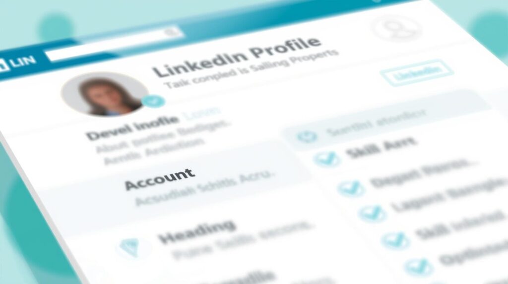A close-up, angled view of a LinkedIn profile interface showing a user photo, headline, and a checklist of completed skill badges with a soft focus effect.