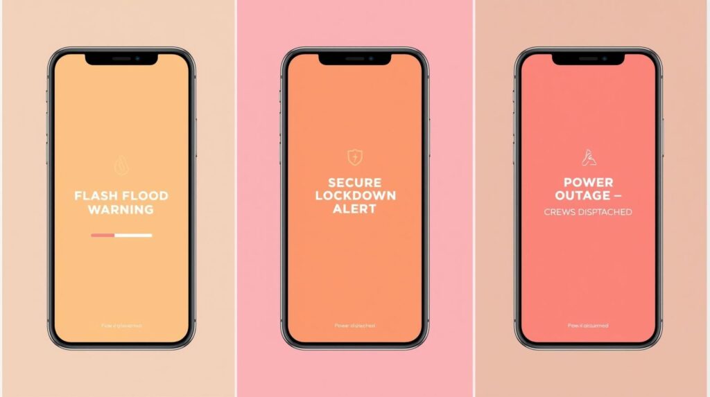 Three side-by-side smartphone screens displaying different minimalist emergency interface designs: a "Flash Flood Warning" with a water icon, a "Secure Lockdown Alert" with a shield, and a "Power Outage" update.