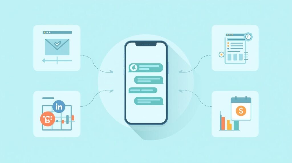 "Illustration of a central smartphone displaying chat bubbles, connected by lines to icons for email, LinkedIn, web forms, and analytics."